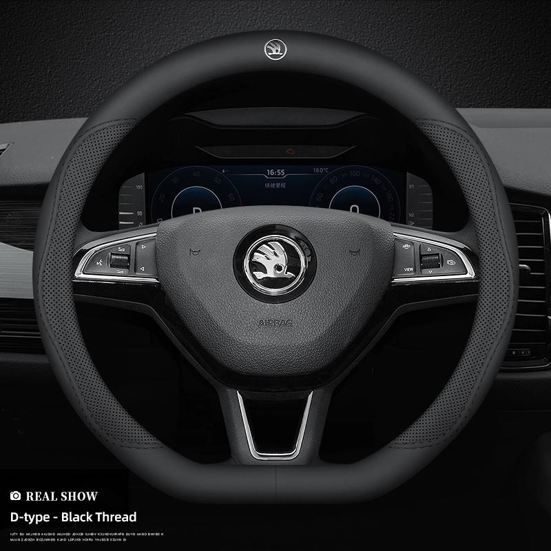 gaxjz5 Car Leather Steering Wheel Cover Anti-slip Accessories For Skoda Yeti Kamiq Kodiaq Karoq Octavia Fabia Rapid Vrs Superb A4 Scala