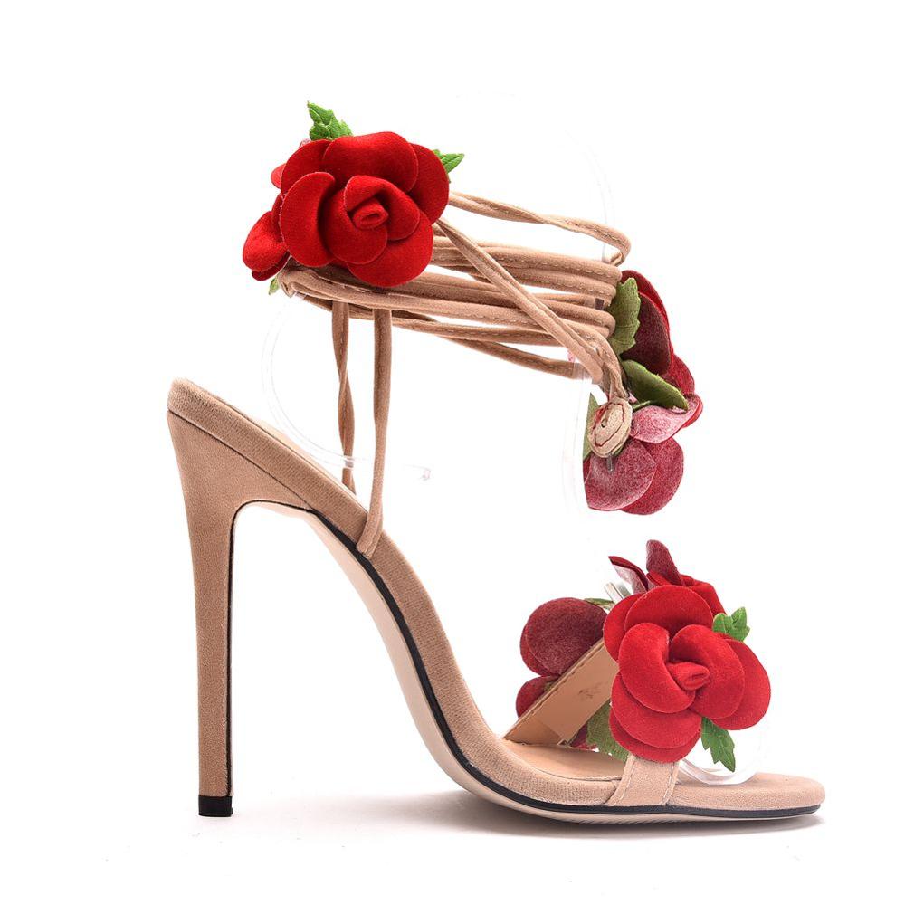 Crystal Queen Women Sandals Red Rose Flower Cross -Tie High -Heeled Open Toe Summer Heels Lady Dress Sexy Shoes