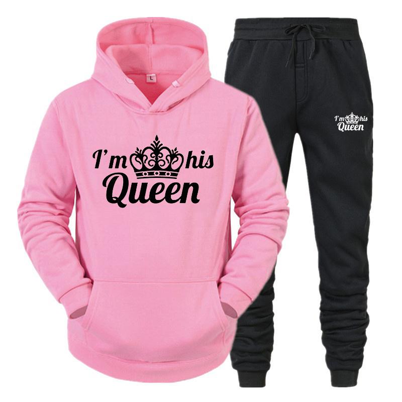 Спортивный костюм для влюбленных, толстовки с принтом QUEEN KING, толстовка для пар, одежда больших размеров с капюшоном, женские толстовки, комплект из двух предметов
