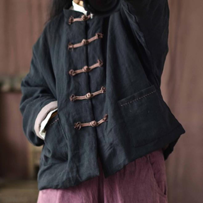 Johnature Женские винтажные льняные парки на пуговицах, однотонные пальто, зимние пальто со стойкой и хлопковыми карманами, женские китайские парки