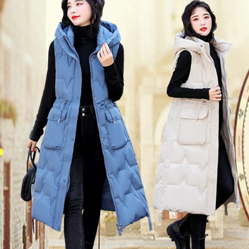 Winter Sleeveless Waistcoats Women Fashion Hooded Long Parkas Vest Warm Zipper Clothes Down Coats Parka Outerwear