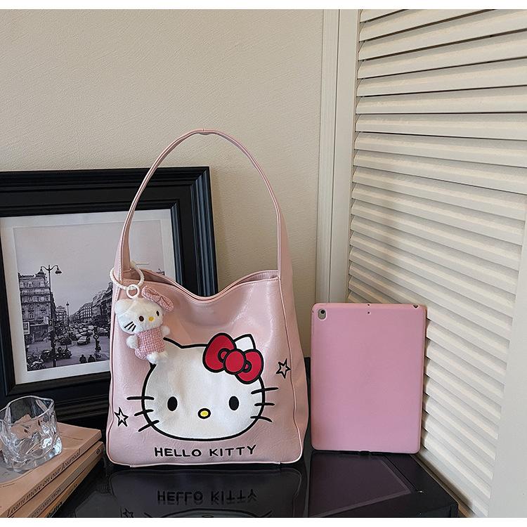 Женская сумка-ведро с принтом Hello Kitty, вместительная кавайная сумка-тоут, милая сумка через плечо на одной лямке KTB