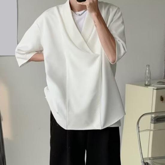 Мужская летняя рубашка с v-образным вырезом, свободная мешковатая однотонная мягкая хип-хоп рубашка с короткими рукавами, мягкий дышащий повседневный пуловер, уличная одежда, топ для стилиста