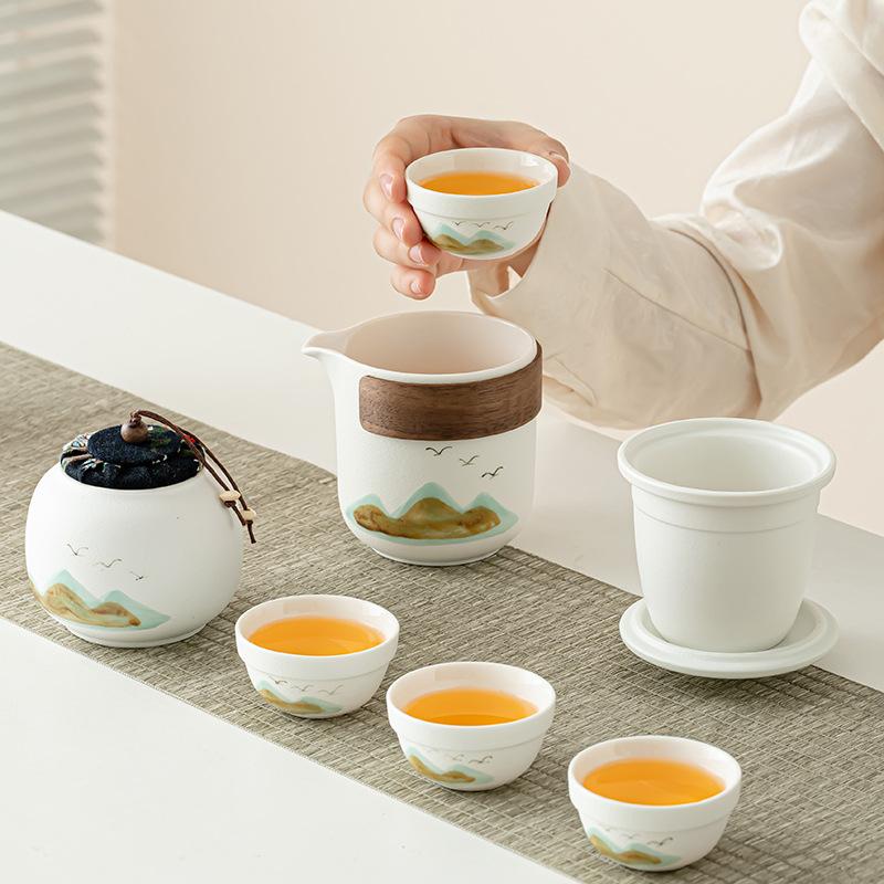 Coarse Pottery Qingshan Travel Tea Set New Chinese-style Express Cup Set with Hand Gift Coarse Pottery Qingshan Flying Bird Company Sends Customers