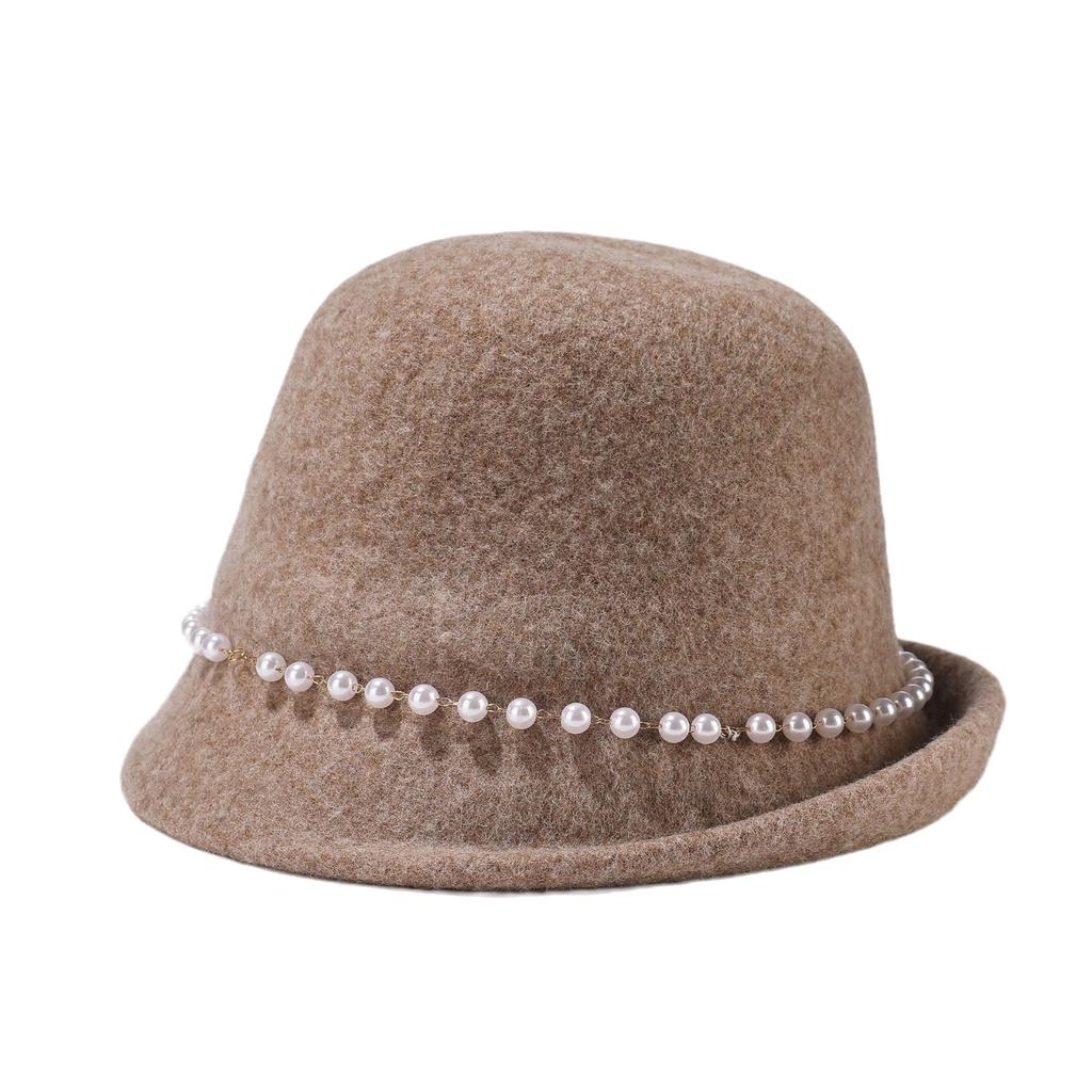 Pearl Wool Top Hat Women's Dome Hat Autumn Winter Warm Bucket Hat