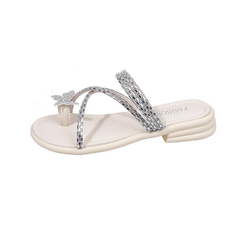 Fashion Shiny Rhinestone Butterfly Slides Women, Black Cross - Strap Sandals, Casual Daily Fashion Footwear