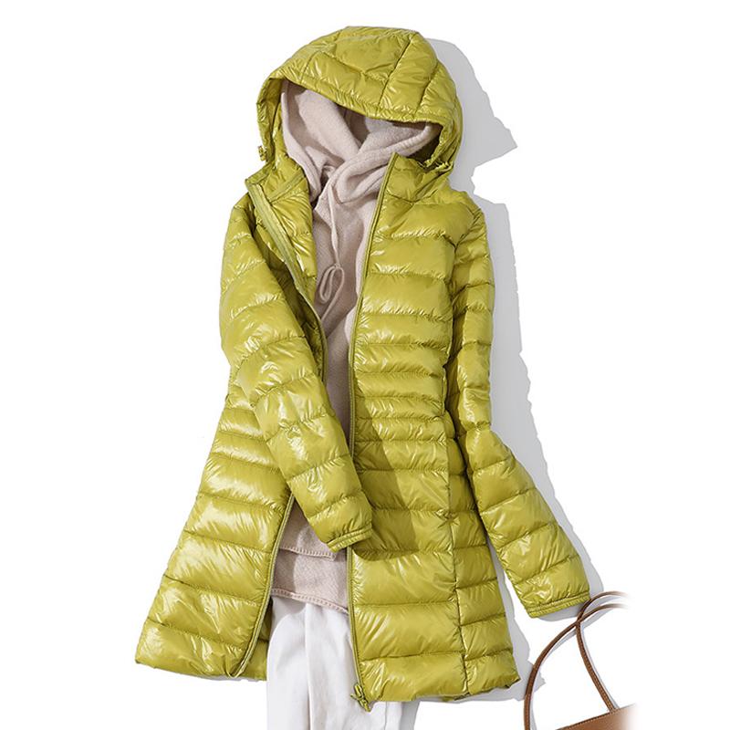 Женская ультралегкая белая куртка на утином пуху, женская осенне-зимняя теплая куртка, повседневная тонкая длинная куртка с капюшоном на утином пуху, женская верхняя одежда