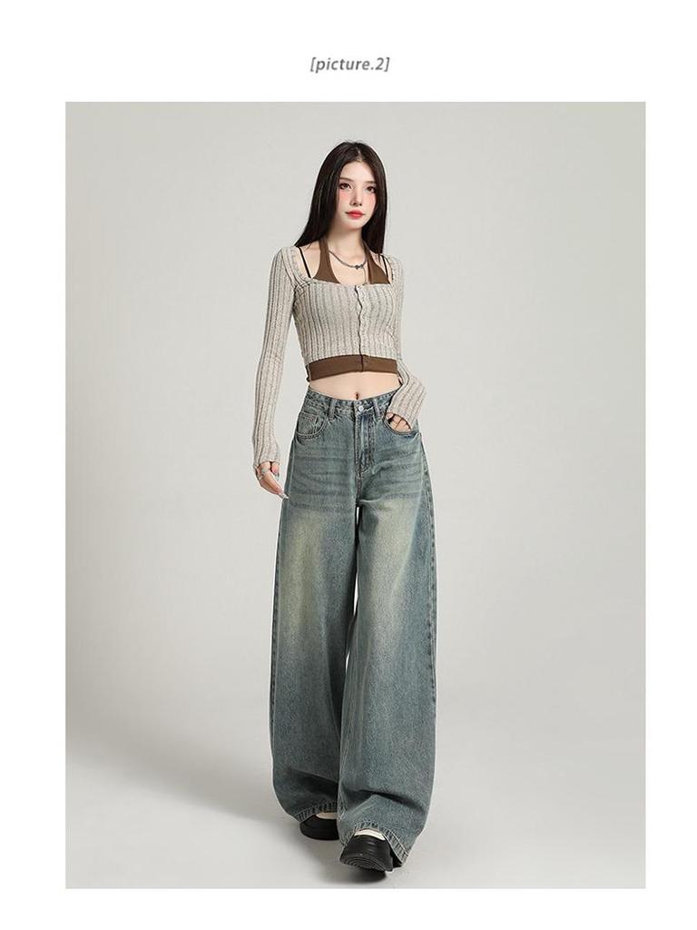 Женские белые джинсы с широкими штанинами и высокой талией, с драпировкой — свободный покрой в корейском стиле на осень