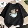 Милая футболка с кошкой в чашке Летняя футболка с коротким рукавом Повседневные футболки Топ для девочек Детская одежда каваи