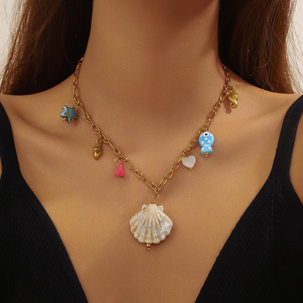 DIEYURO 316L Stainless Colored Sea Shell Conch Sea Stars Pearl Pendant Necklace Lady New Fashion Neck Chain Jewelry Party Gift