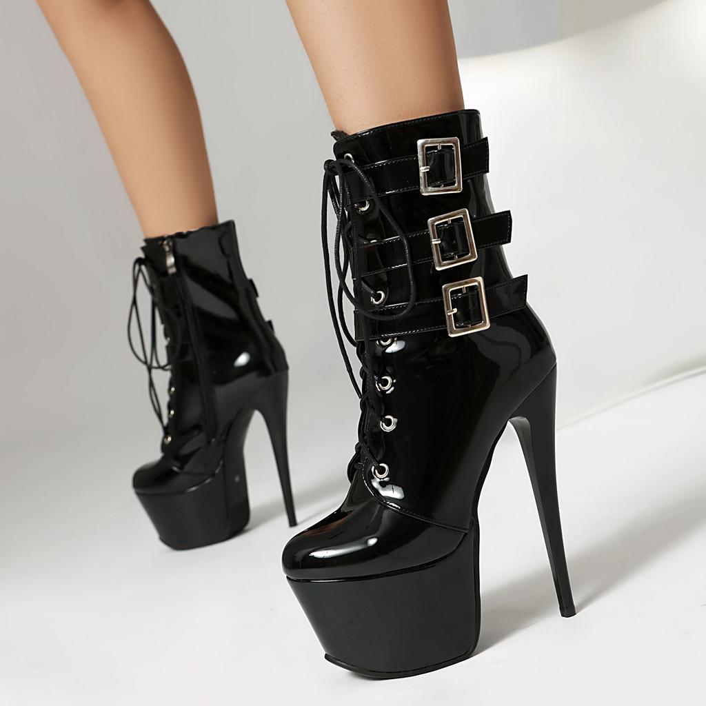 Сексуальные женские туфли на каблуке, ботильоны на платформе, туфли-стилеты для ночного клуба, декор с ремешками и пряжками, ботильоны до щиколотки, золотые, серебристые, лакированная кожа, обувь
