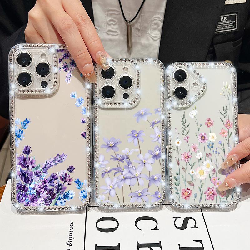 Прозрачный мягкий силиконовый чехол с цветочным узором для iPhone 16E 16 Pro Max 15 Pro 14 13 12 11, противоударный прозрачный чехол для телефона с алмазной рамкой