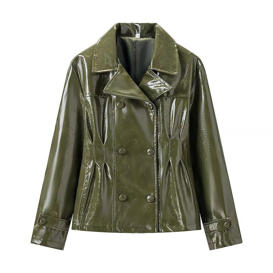 Women's Street Style Leather Suit: Double-breasted Waist-cinching Jacket & A-line Skirt Set