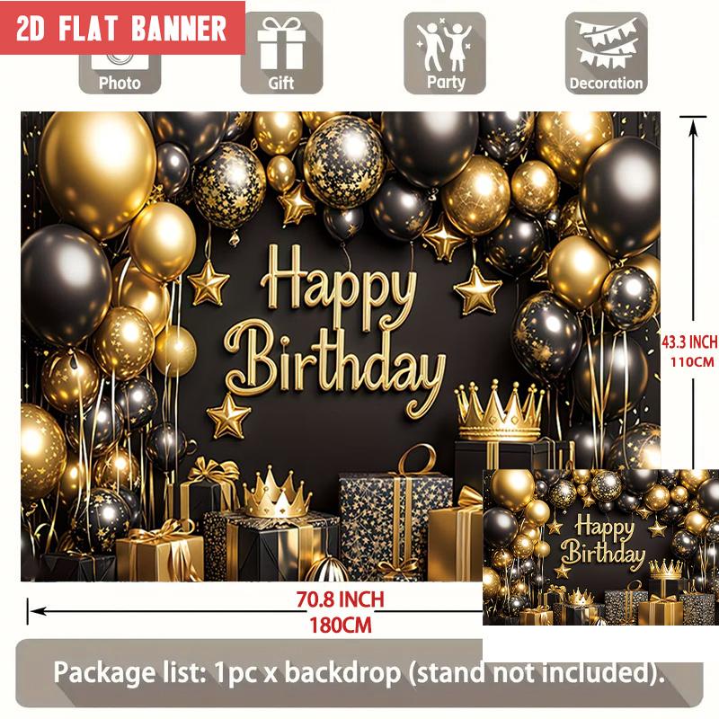 2D Flat Banner, Black Golden Silvery Crown Balloon Gift Box Star Pattern Backdrop, Happy Birthday, Photography Background, Polyester