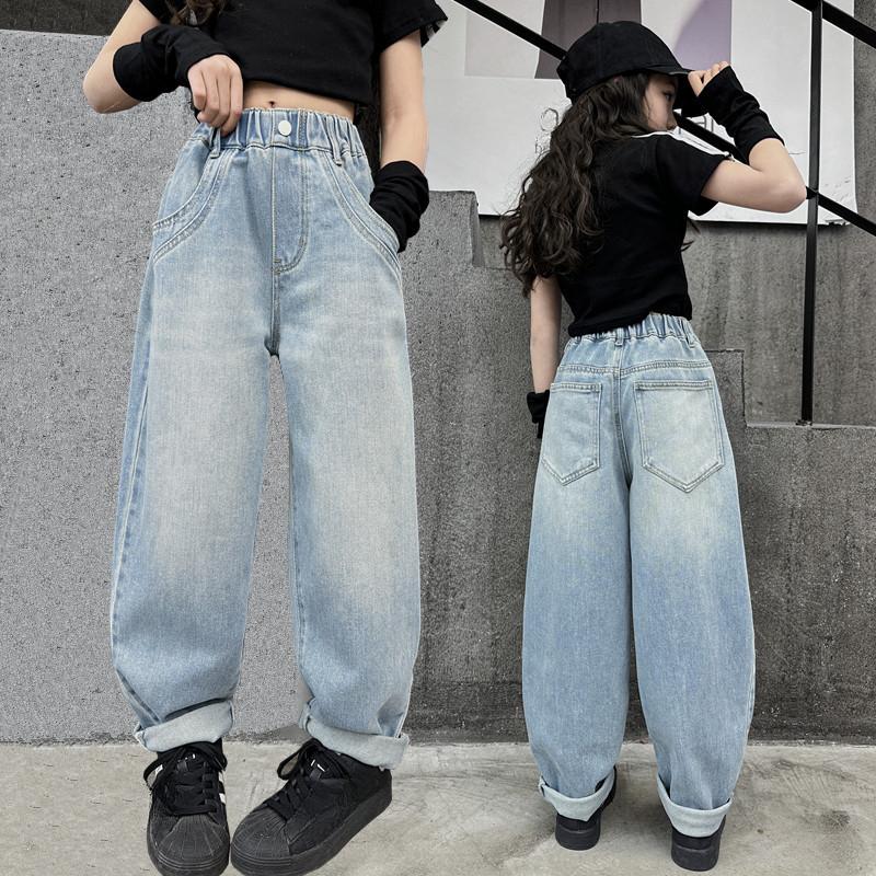 Джинсовые брюки для девочек, широкие джинсы, весенние и осенние, модные, стильные, детские, свободные, карманы, утягивающие, прямые брюки