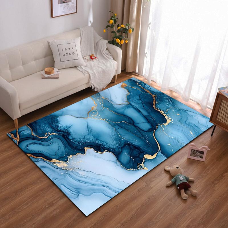 Blue and Gold Marble Pattern Abstract Rug Non-slip rug suitable for living room and bedroom sofas.