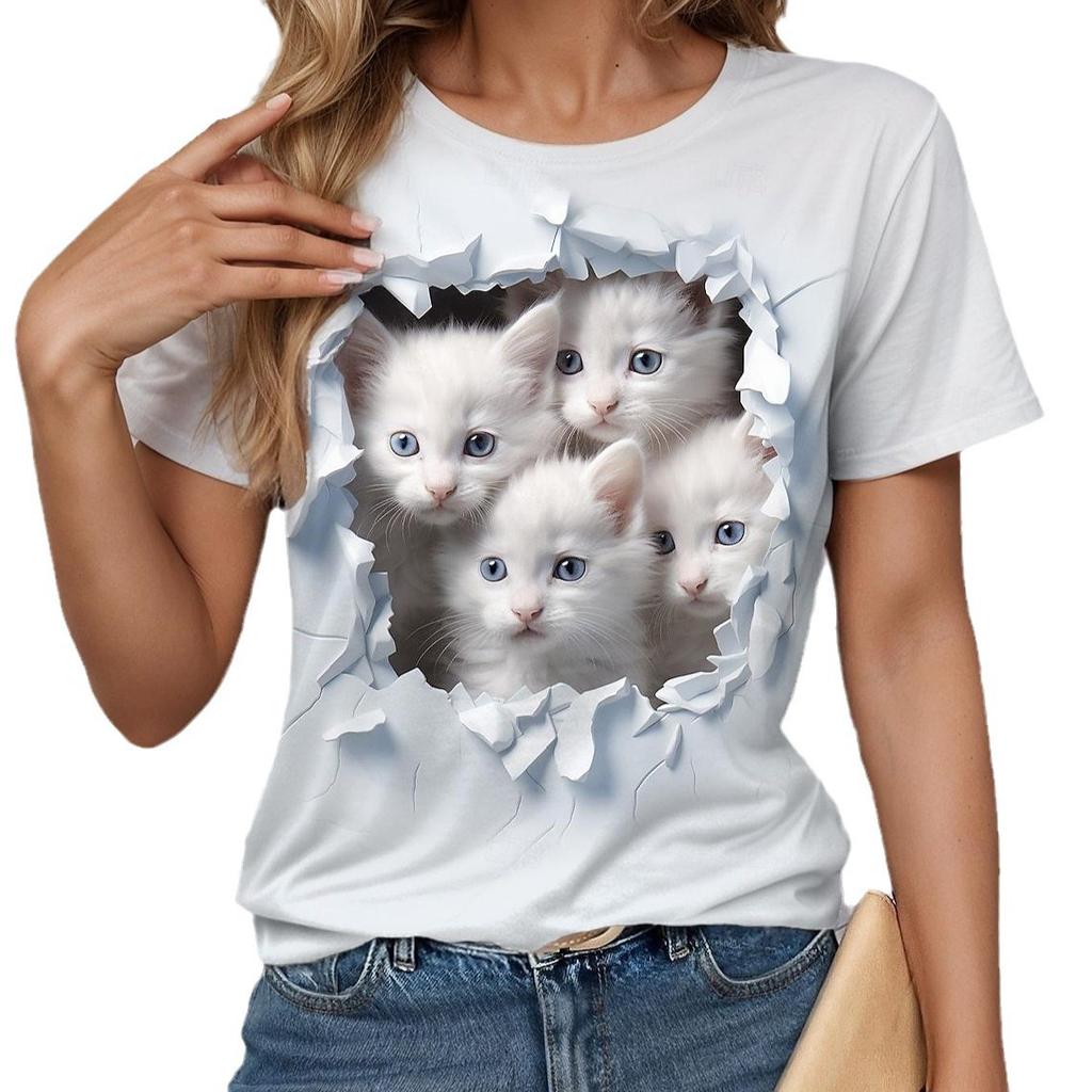 Летние милые футболки с принтом кошек для поездок на работу, элегантные женские футболки с коротким рукавом и круглым вырезом