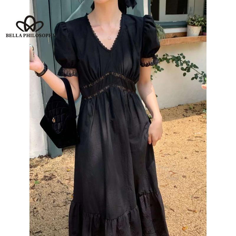 Summer New French Style Romantic Gentle V-neck Lace Stitching Puff Sleeve Tight Waist Slimming Solid Color Short Sleeve Dress