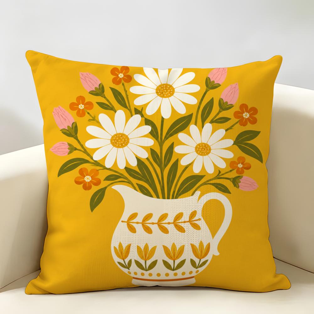 Scandinavian Yellow Folk Floral Cushion Cover Durable Hypoallergenic Organic Linen Short Pillow Cover Washable