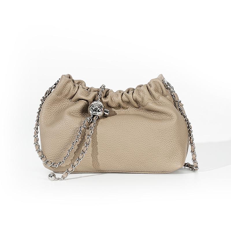 Women'S Bag Premium Pleated Cloud Underarm Bag Genuine Leather, Golden Ball Chain First Layer Cowhide Single Shoulder Messenger Bag