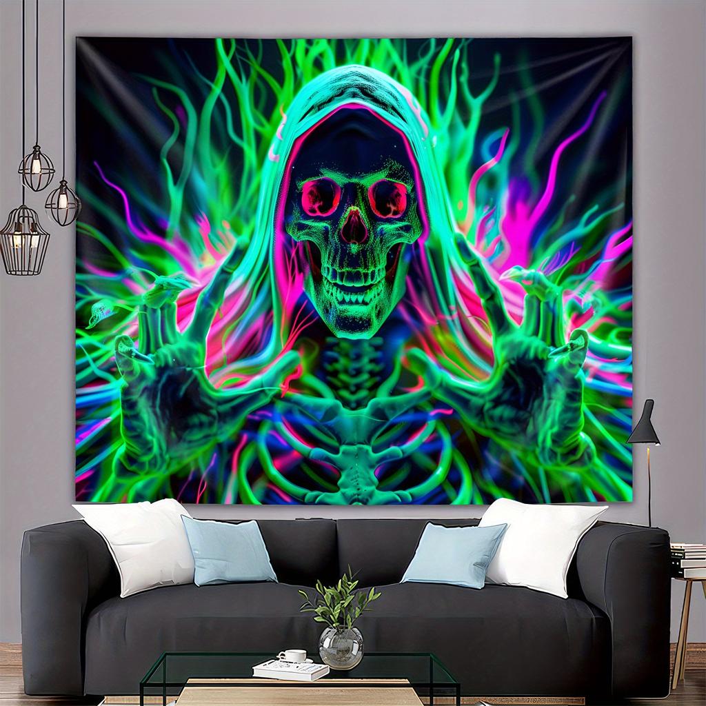 VIKAMA Neon Skull Tapestry Red Eye Hooded Colorful Bedroom Dormitory Gothic Decorative Art Wall Background