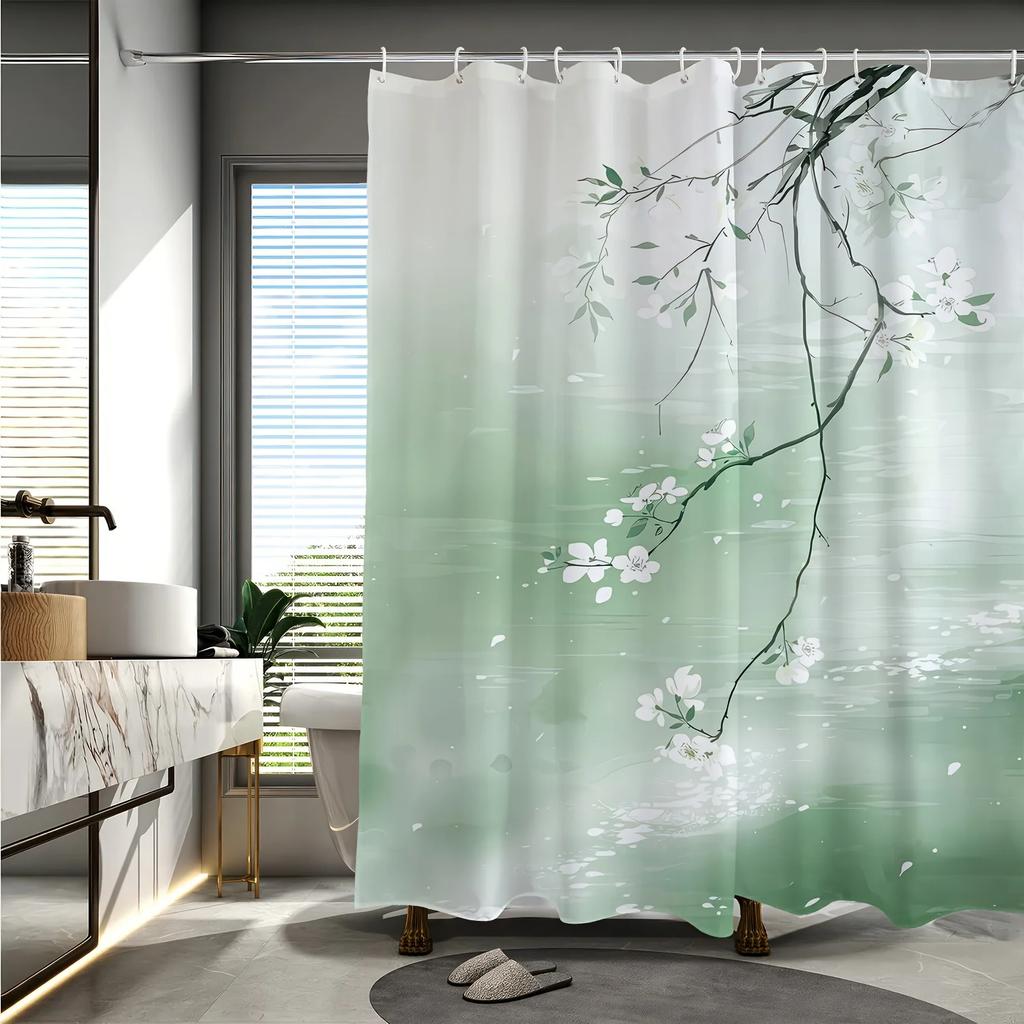 1pc Floral Tree Pattern Digital Print Shower Curtain Bathroom Decor Home Decoration with Hook Machine Washable Polyester Fabric