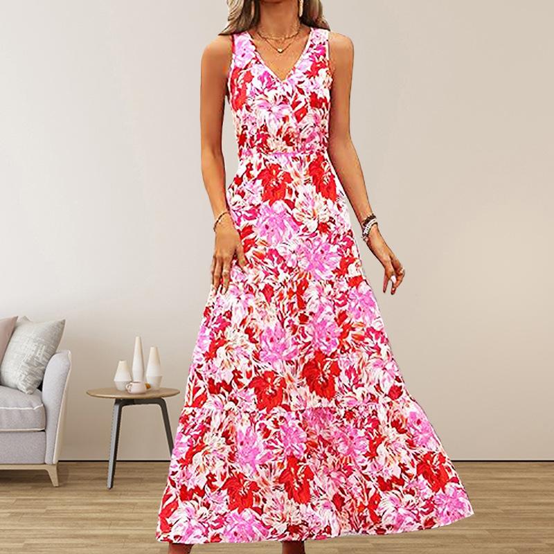 Летняя женская мода 2025 Новое повседневное платье без рукавов с принтом и V-образным вырезом