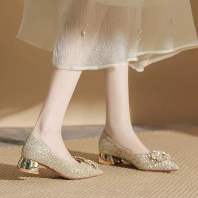 Осенние Новые Туфли на Толстом Каблуке Женские Остроносые с Мелким Вырезом Пайетки Кристальная Пряжка Нескользящие Туфли с Низким Верхом