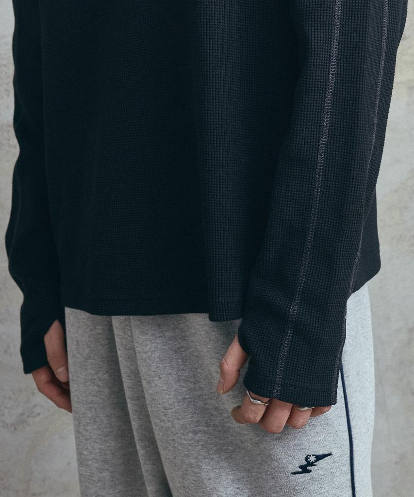SUPERSUB Coverstitch Fingerhole Waffle Long Sleeve T-Shirt - Black