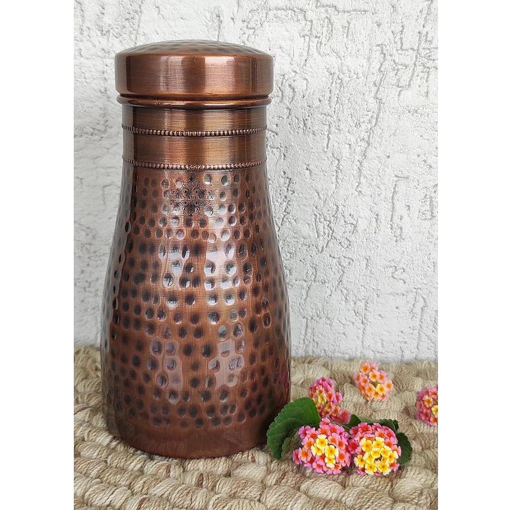 Pure Copper Bedroom Water Bottle with Inbuilt Glass, Hammered Antique Design, Volume 900 Ml (Pack of 2)