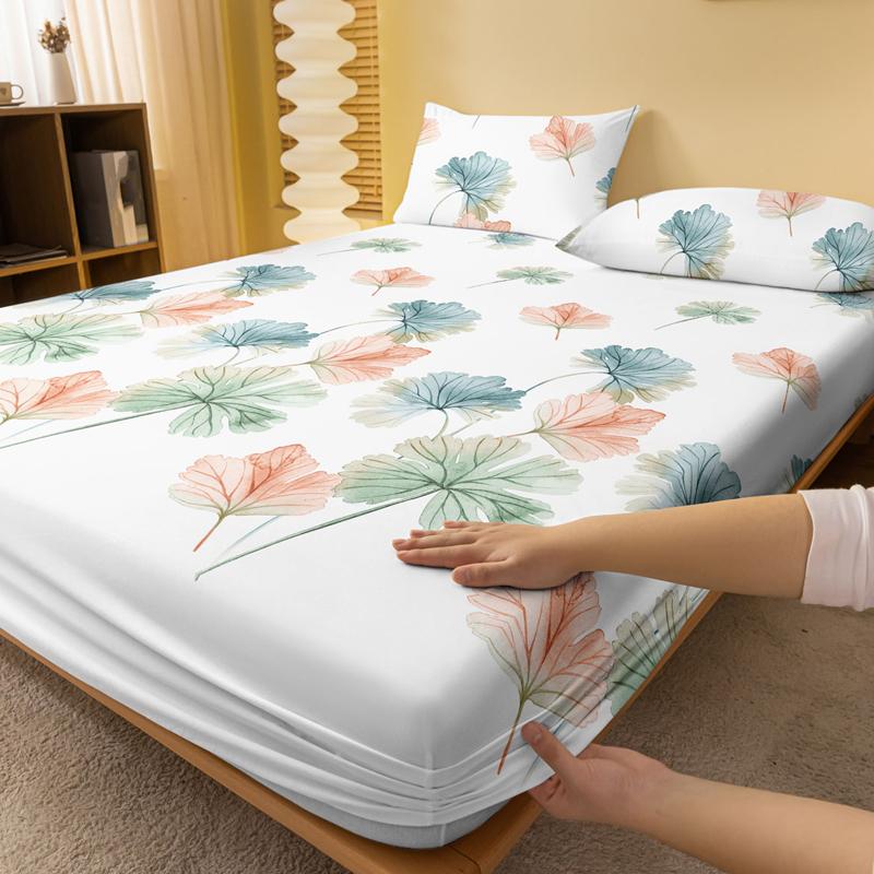 1 Simple Modern Plant Leaves Printed Matte Fitted Sheet, Bedroom Printed Bed Cover, Bedding (Excluding Pillowcases)