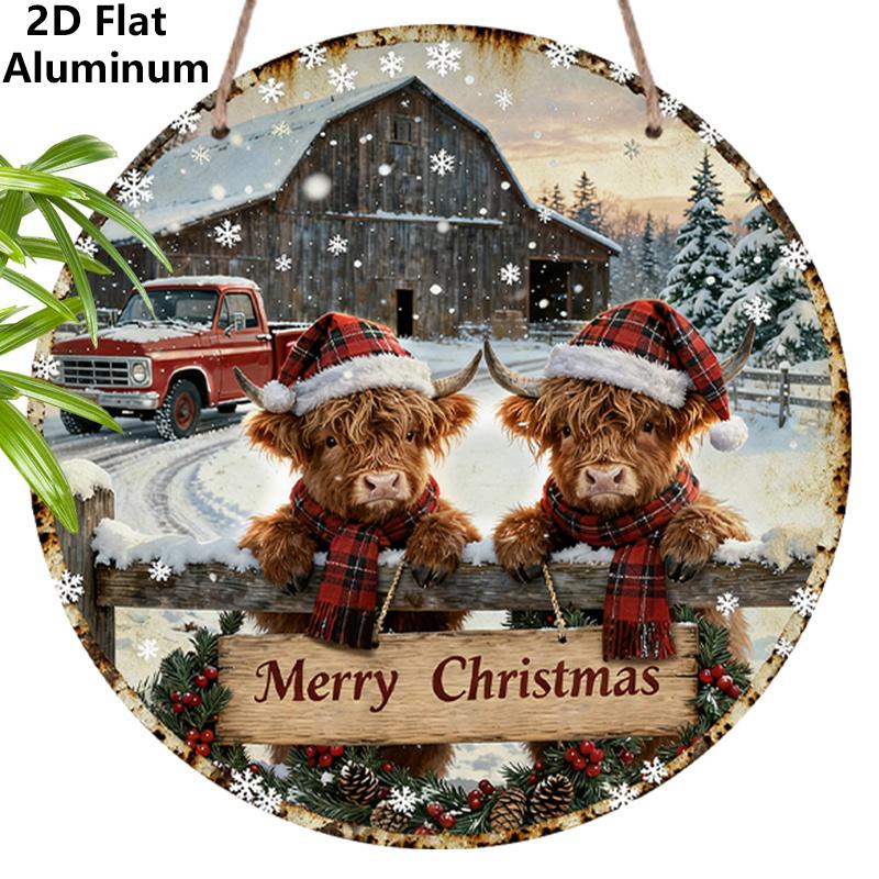 2D Flat Merry Christmas Aluminium Sign with Highland Cow Pattern - Navidad Figurine Ornaments - Ideal for Front Door, Wall, Porch, Fence Decor