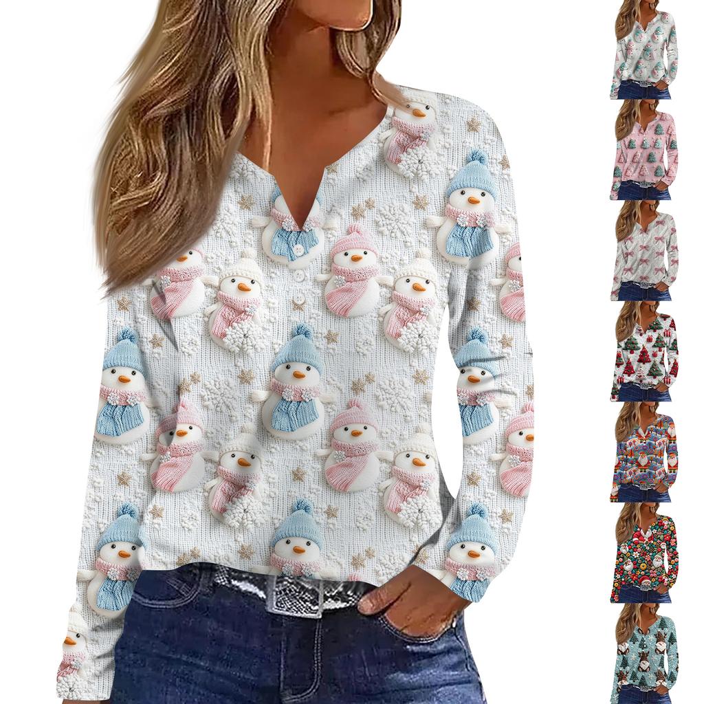 Women's Fashion Casual V-Neck Button-Up Long-Sleeve T-Shirt With Christmas Print Top