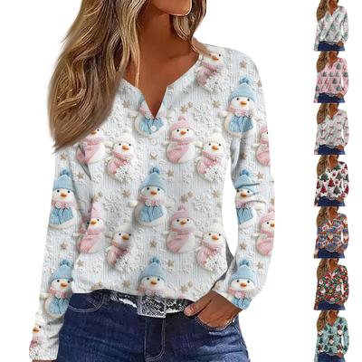 Женская модная повседневная футболка с V-образным вырезом, на пуговицах, с длинным рукавом, с рождественским принтом