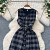 Осень Зима Женские Винтажные Платья Миди Твид Танк с V-образным вырезом в клетку на одной пуговице с поясом
