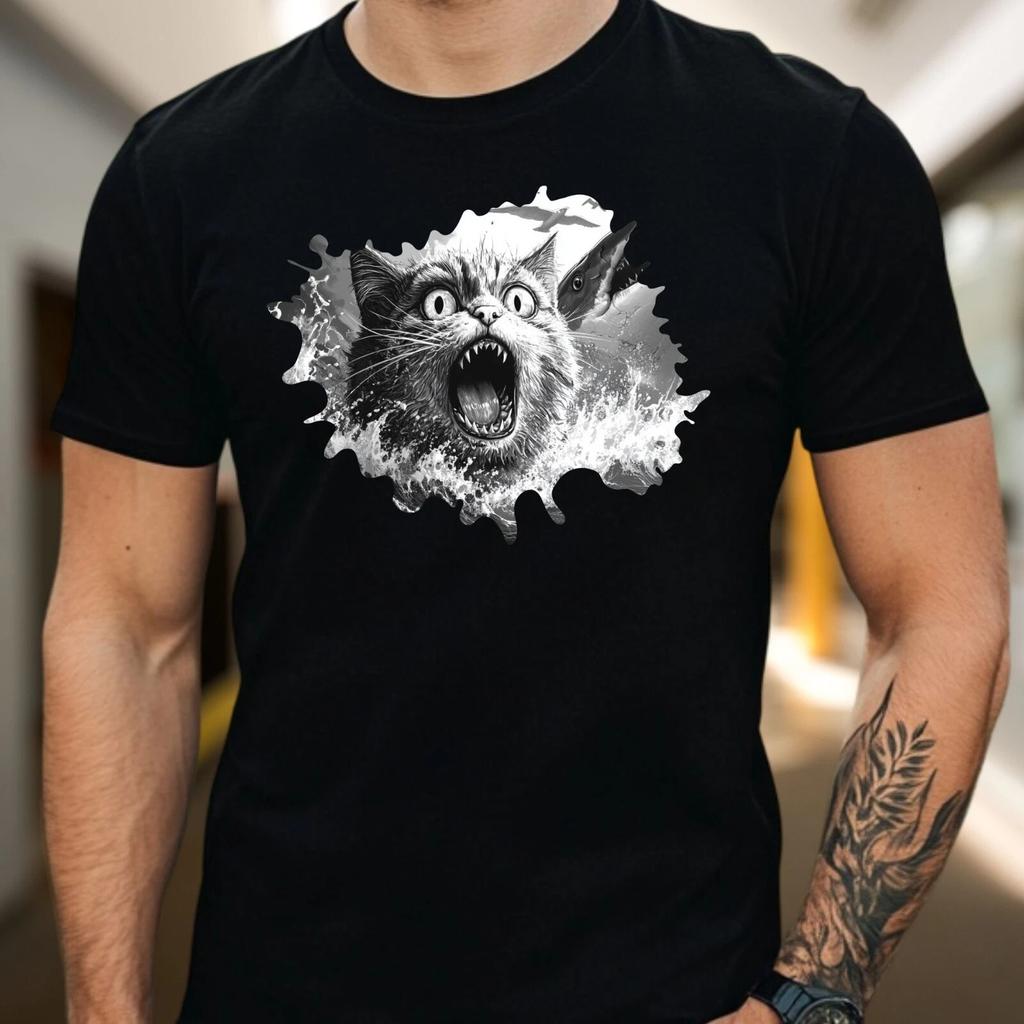 T-Shirt Herren Lustiges Katzen Selfi mit Hai Motiv Baumwolle Größe S bis 5XL