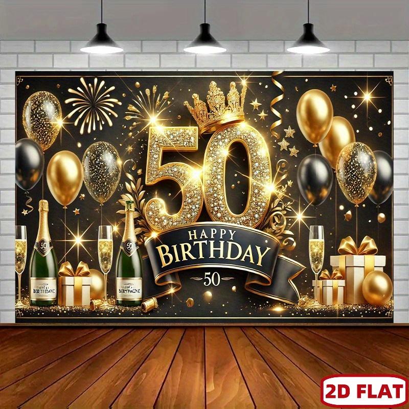 2D flat 1pc luxurious 50th birthday polyester banner, birthday party background, gold and black theme and fireworks design