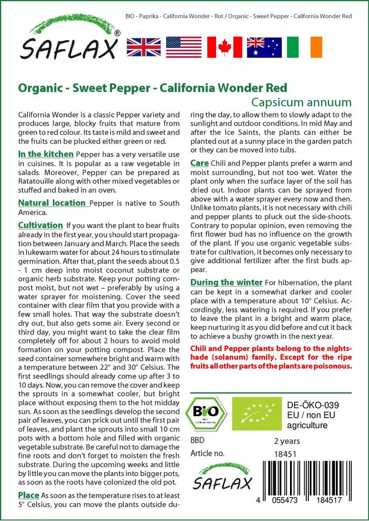 SAFLAX Organic - Sweet Pepper - California Wonder Red - 20 Seeds - Capsicum Annuum