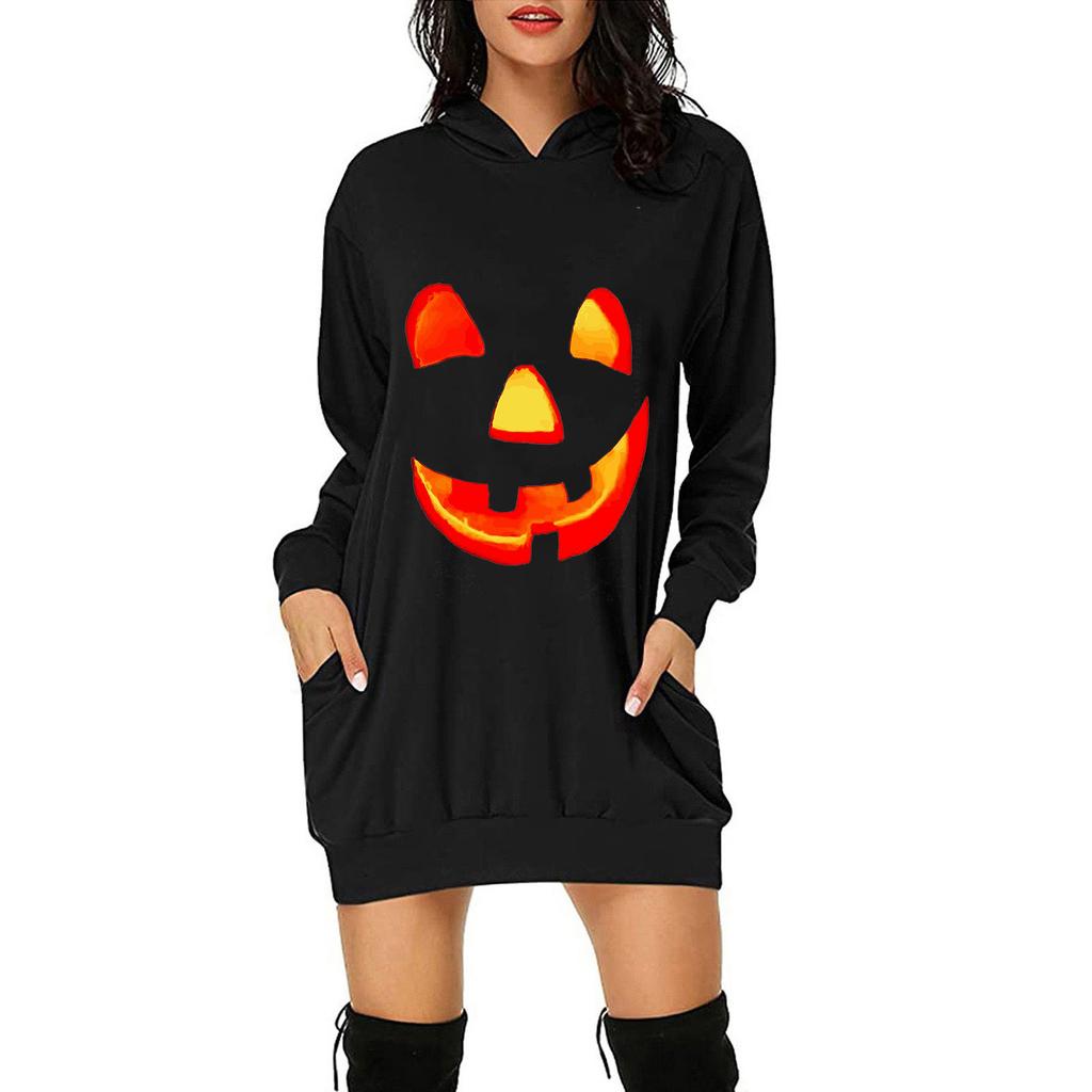 Women Casual Fashion Loose Plus Size Halloween Print Long-Sleeve Blouse Dress
