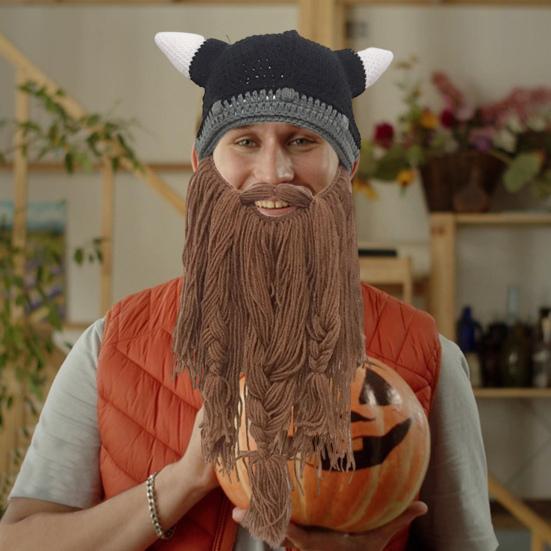 Праздничная шляпа для косплея, поддельные усы, вязаная с роговым украшением, реквизит для сценического костюма, теплая зимняя шапочка для холодной погоды, головной убор на Хэллоуин