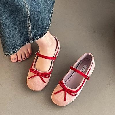 Женские туфли Мэри Джейн с французским розовым бантом весна-осень 2025 года, новые балетки с пряжкой из одного слова, увеличивающие рост изнутри