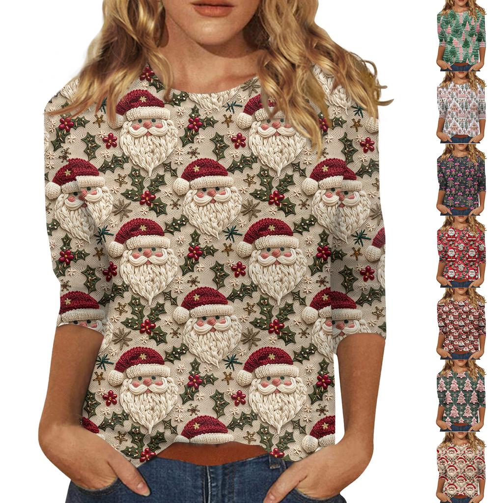 Женская модная повседневная футболка с рукавом три четверти и рождественским принтом, с круглым вырезом
