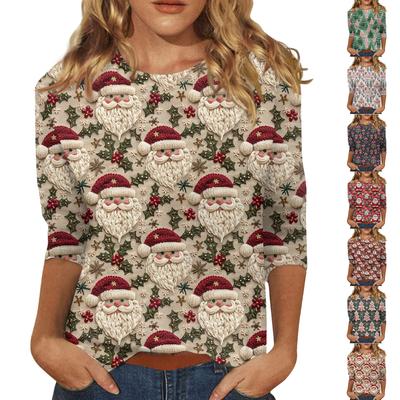 Женская модная повседневная футболка с рукавом три четверти и рождественским принтом, с круглым вырезом