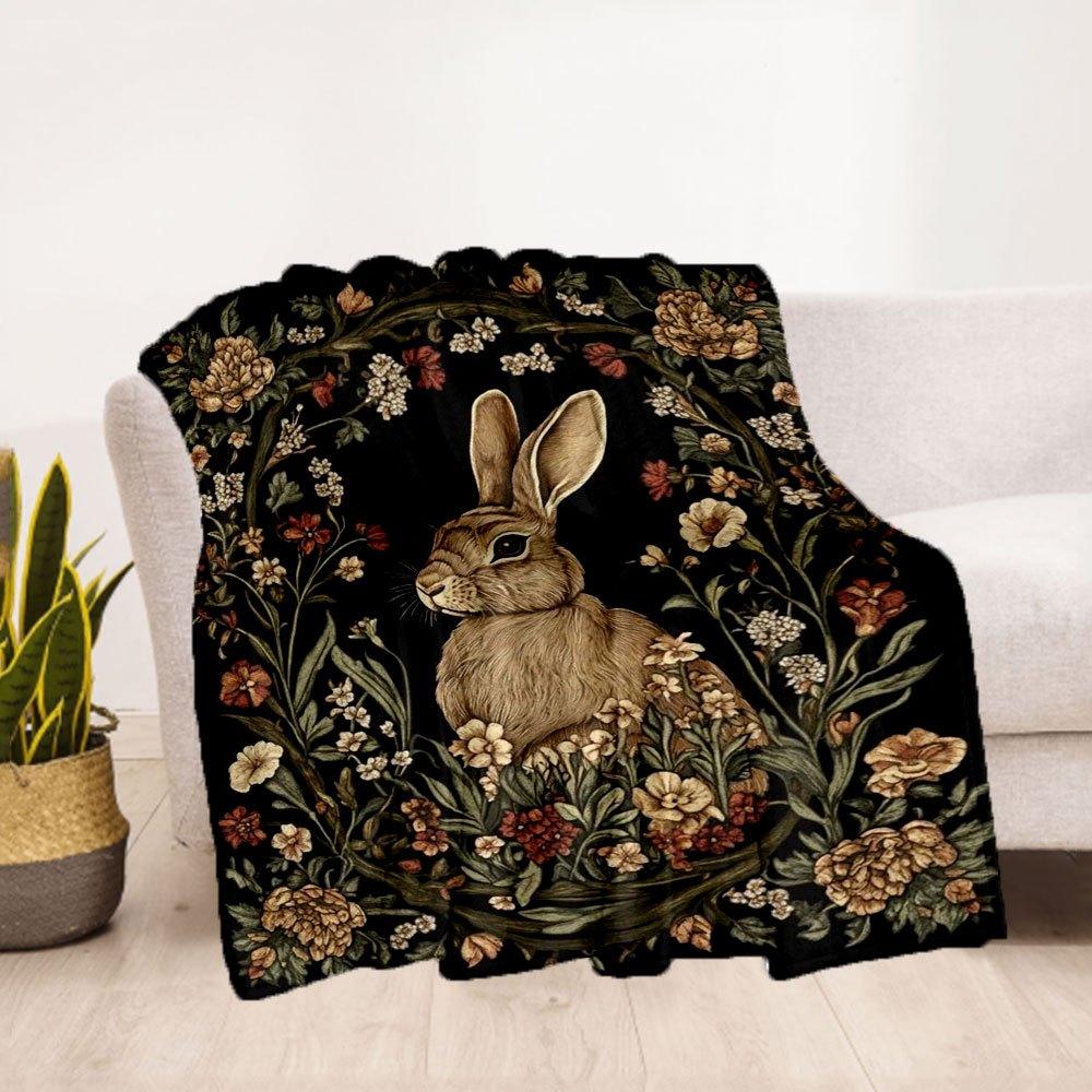 "Rabbit in Flowers: Elegant Wall Art Print"Blanket Flannel Throw Blanket for Sofa, Bed, Travel, Camping, Office, Couch, Chair, And Bed Gift