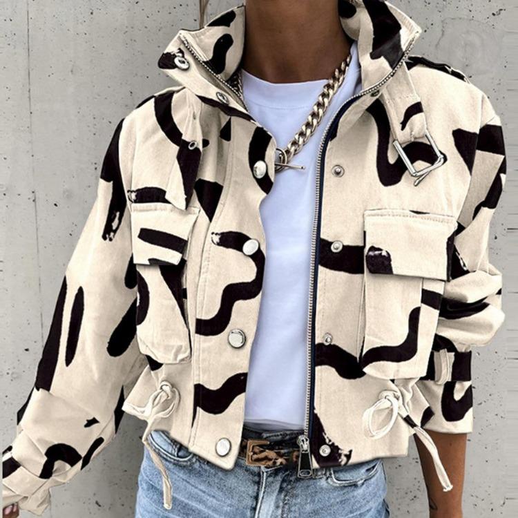 Winter Women Jackets Vintage Print Long Sleeve Button Coat Geometric Autumn Tops Ladies Leisure Outerwear Short
