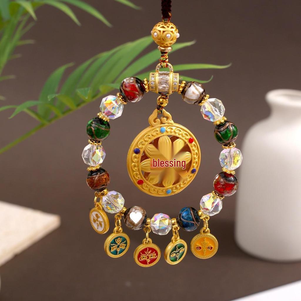 Tibetan Wealth God Zhakila Lhamo Incense Ash Glass Pendant - Five Directions Car Charm, Metal Retro Style