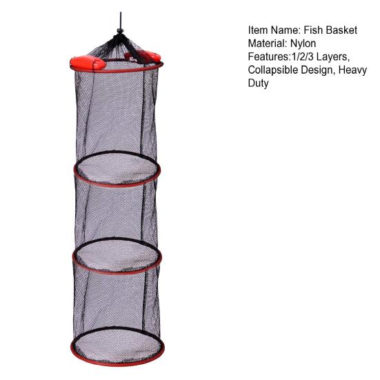 Portable Foldable Floating Fish Basket 1/2/3 Layers Live Caught Fish Storage Basket Collapsible Heavy Duty Nylon Mesh Fishing Keep Net Bag