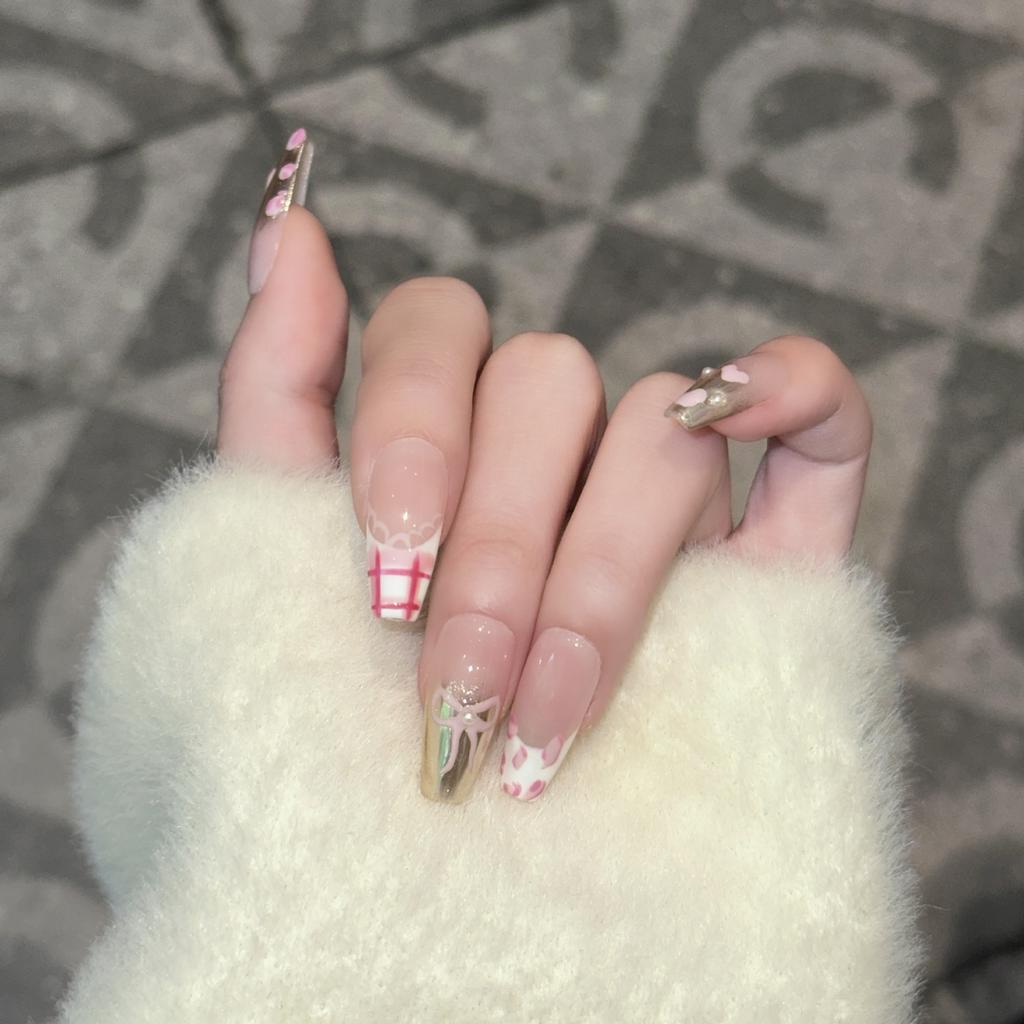 Pure Hand-wearing Armor Pink Leopard Print French Magic Mirror Gradient Temperament Sweet Mesh Bow Nail Fake Nail
