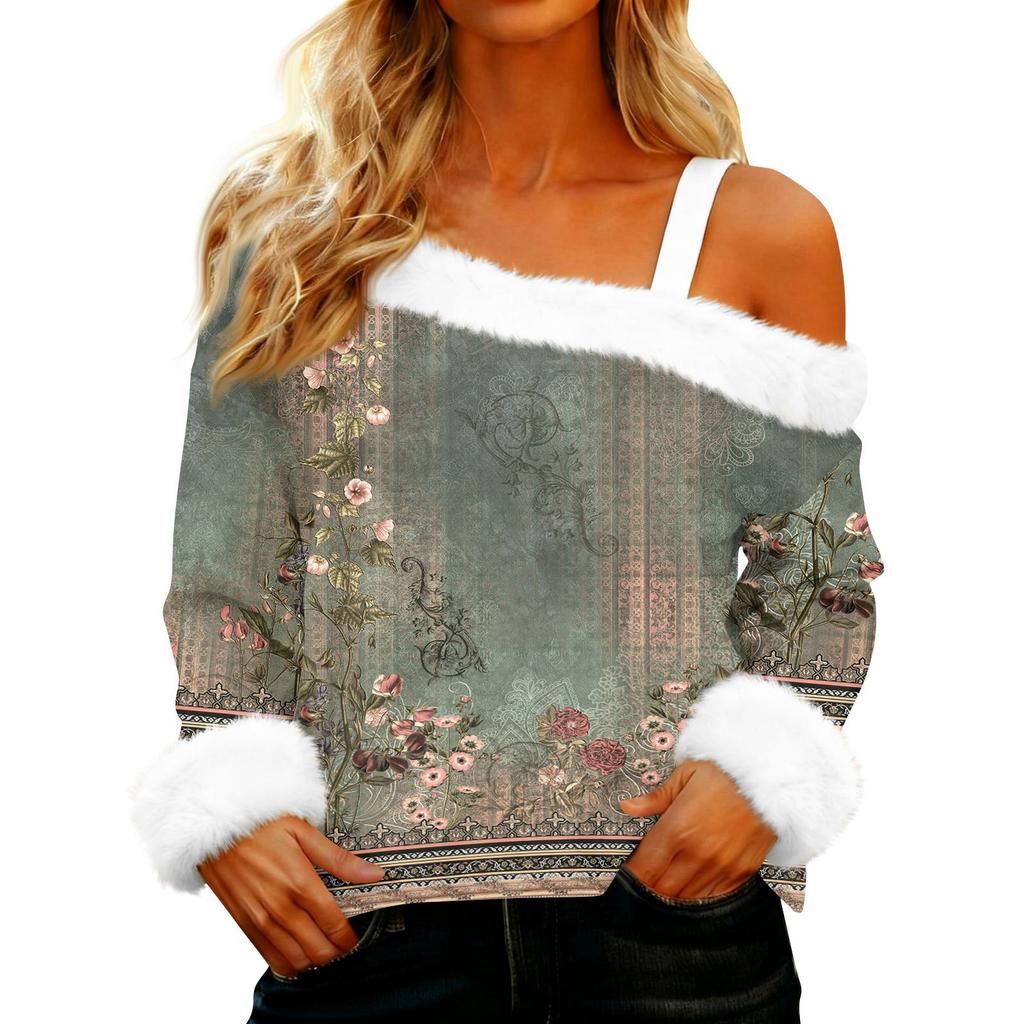 Women's Off-the-shoulder Plush Neck Printed Long-sleeved Pullover T-shirt Top