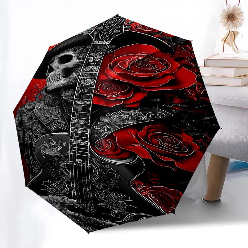 1pc Skull Roses Automatic Open,Windproof, Compact Travel Umbrella, Gift for Birthday, Christmast93054